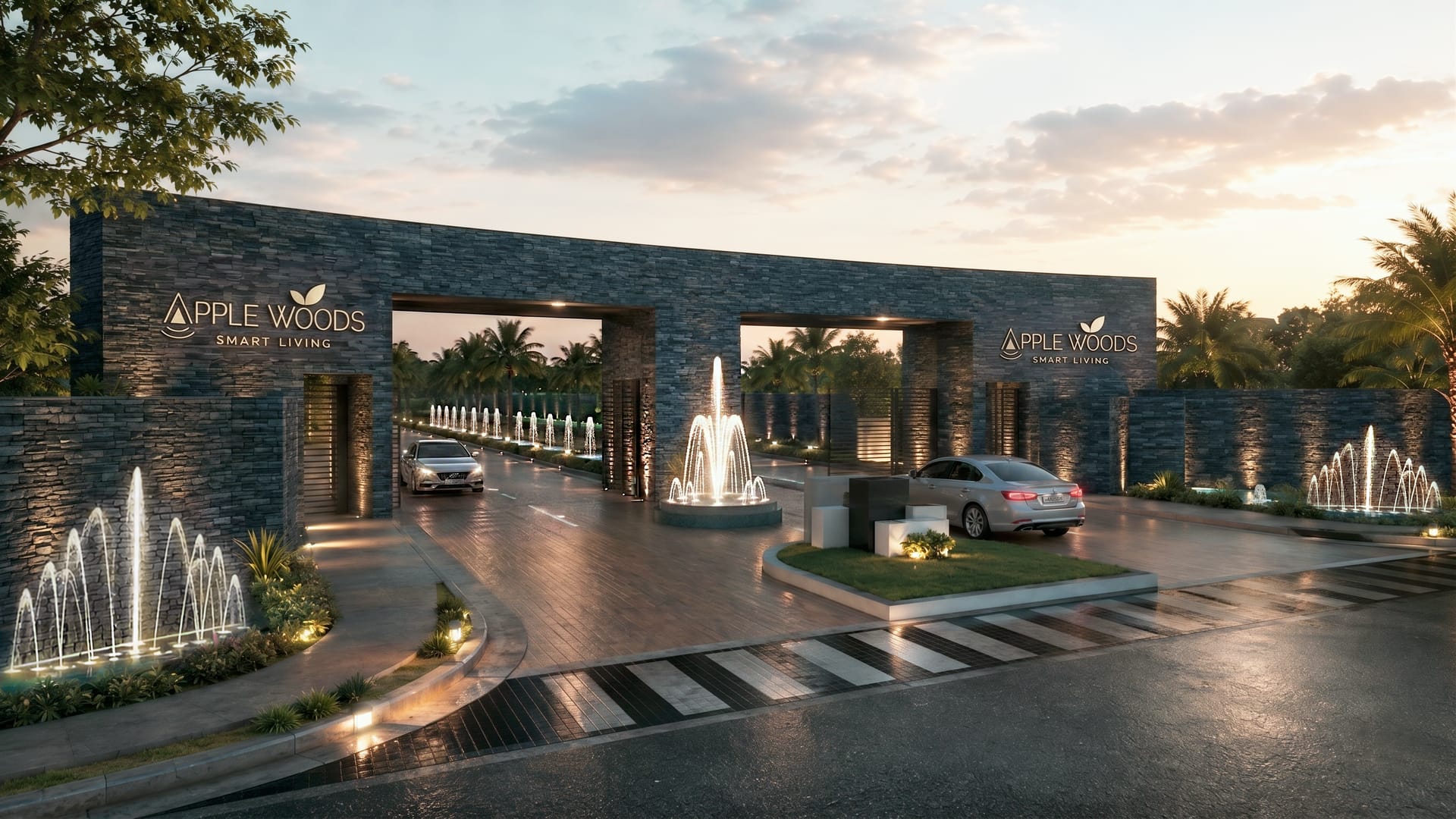Entrada de Apple Woods por la noche